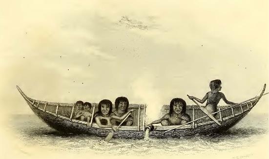 Fuegians and Canoe. Drawn by J. Drayton. Engraved by W. H. Dougal.