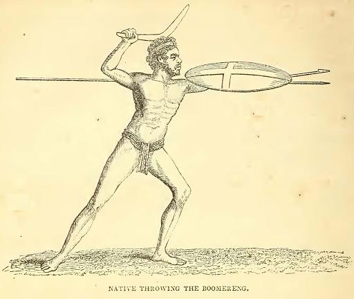 Native throwing the Boomereng.  Sketched by J. Drayton. Engraved by R. S. Gilbert
