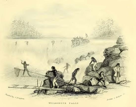 Falls of the Willamette. Sketched by J. Drayton. Engraved by Jordan and Halpin.